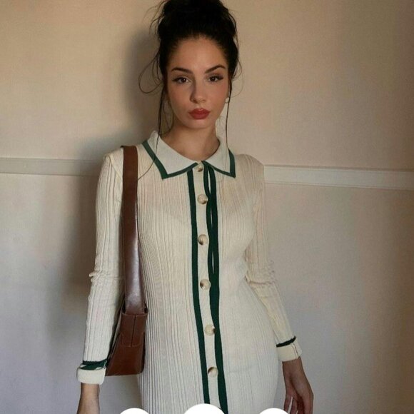 MICAS Cream Long Sleeve Contrast Trim Button Down Knitted Dress Size Large - Picture 1 of 7